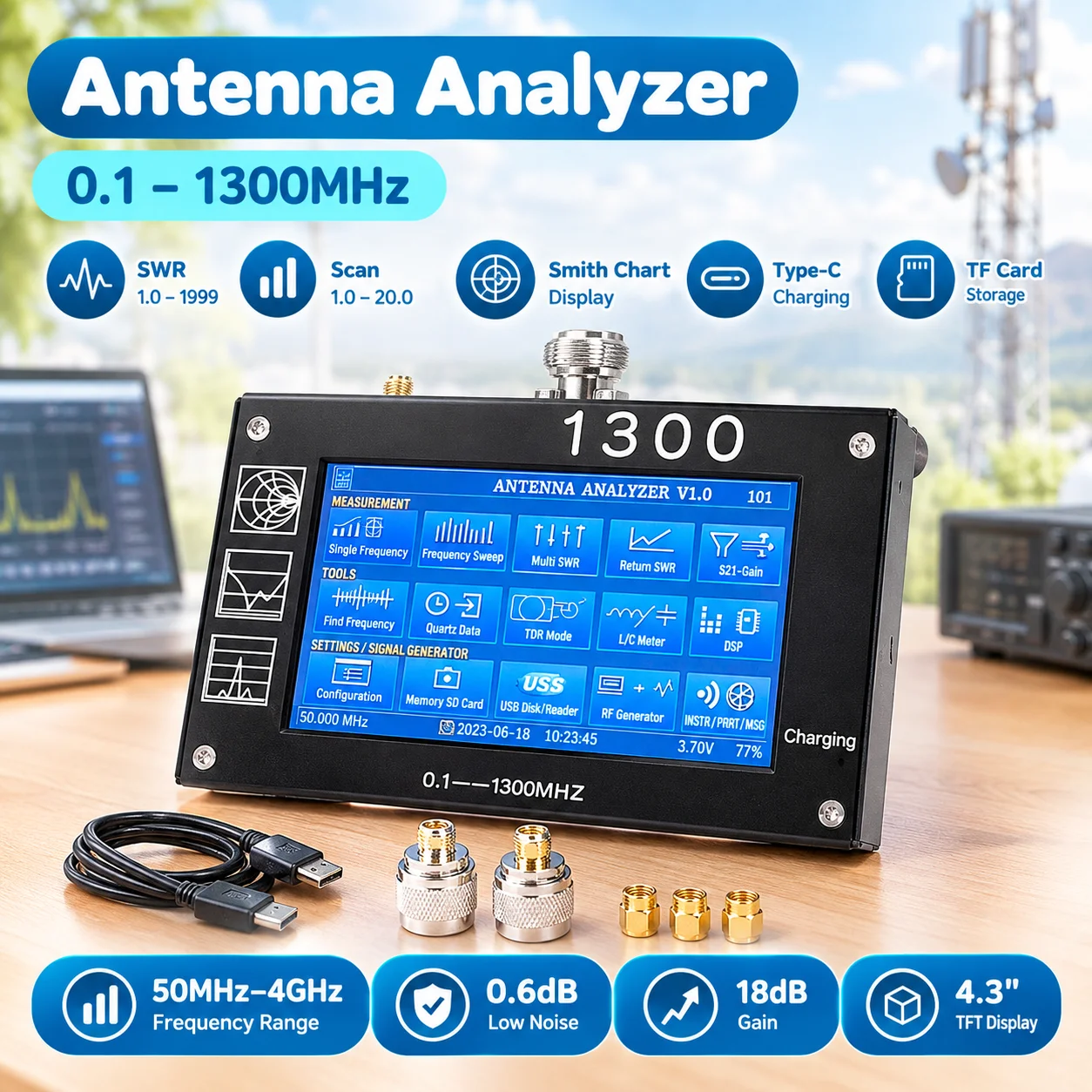 Mini1300 Vector Network Analyzer 0.1-1300MHz Portable RF Multimeter Analyzer With SWR For TDR For Smith Chart For Ham Radio
