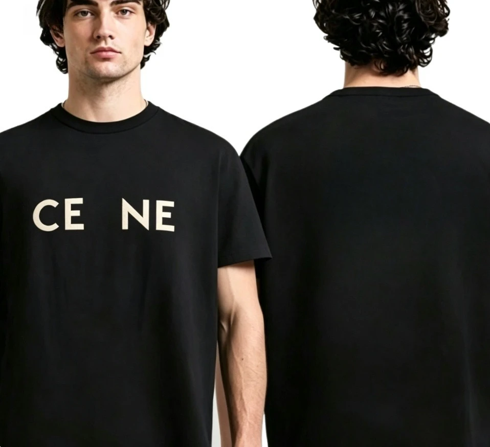 2026 Simple Contrast Beige Block Font T-shirt Men Solid Black Front Split Letter Graphic Crew Neck Loose Fit Daily Basic Tees