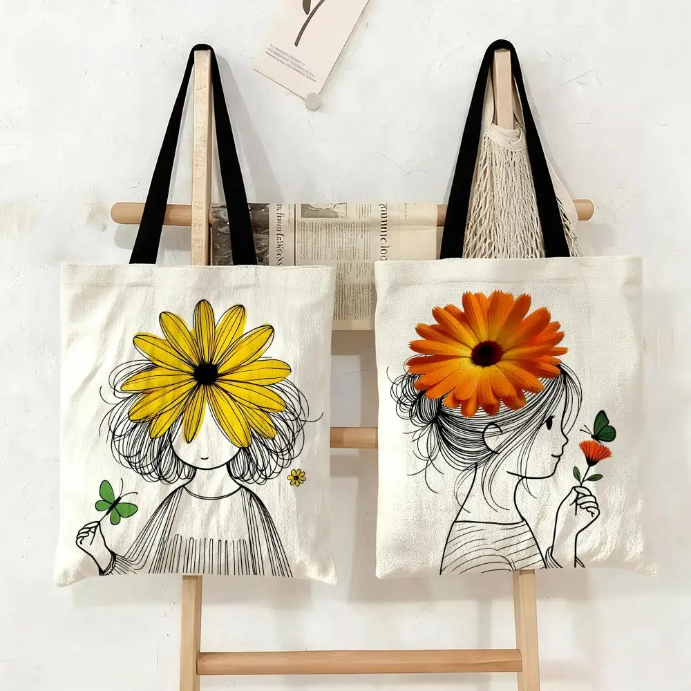 Simple Line Drawings Girl Storage Bags Double-Sided Print Canvas Tote Bag Fashion Large Capacity Women's Shoulder Handbag