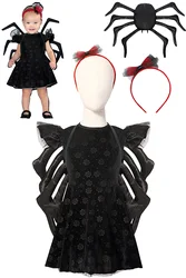 Kids Cute Black Spider Cosplay Girls Costume Skirts Headgear Outfits Children Dance Performance Dress Halloween Carnival Suits