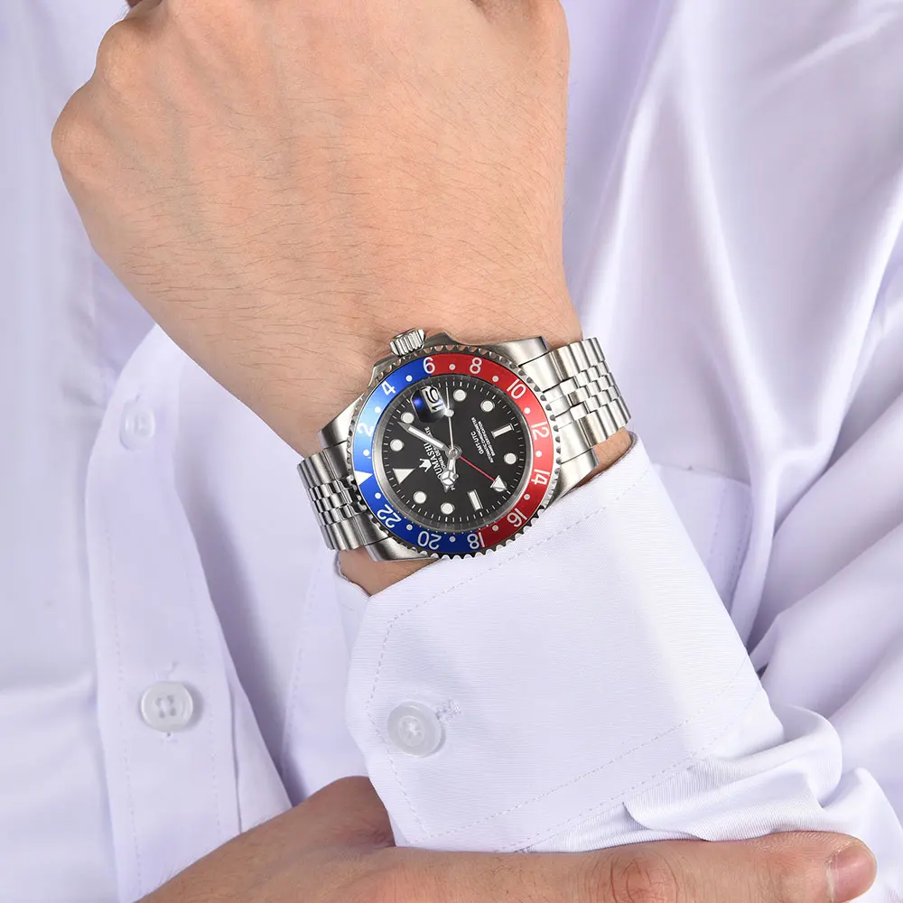 40mm 럭셔리 남성용 시계 NH34 무브먼트 GMT 자동 기계식 시계, 사파이어 유리 및 맞춤형 로고 비즈니스 남성용 시계