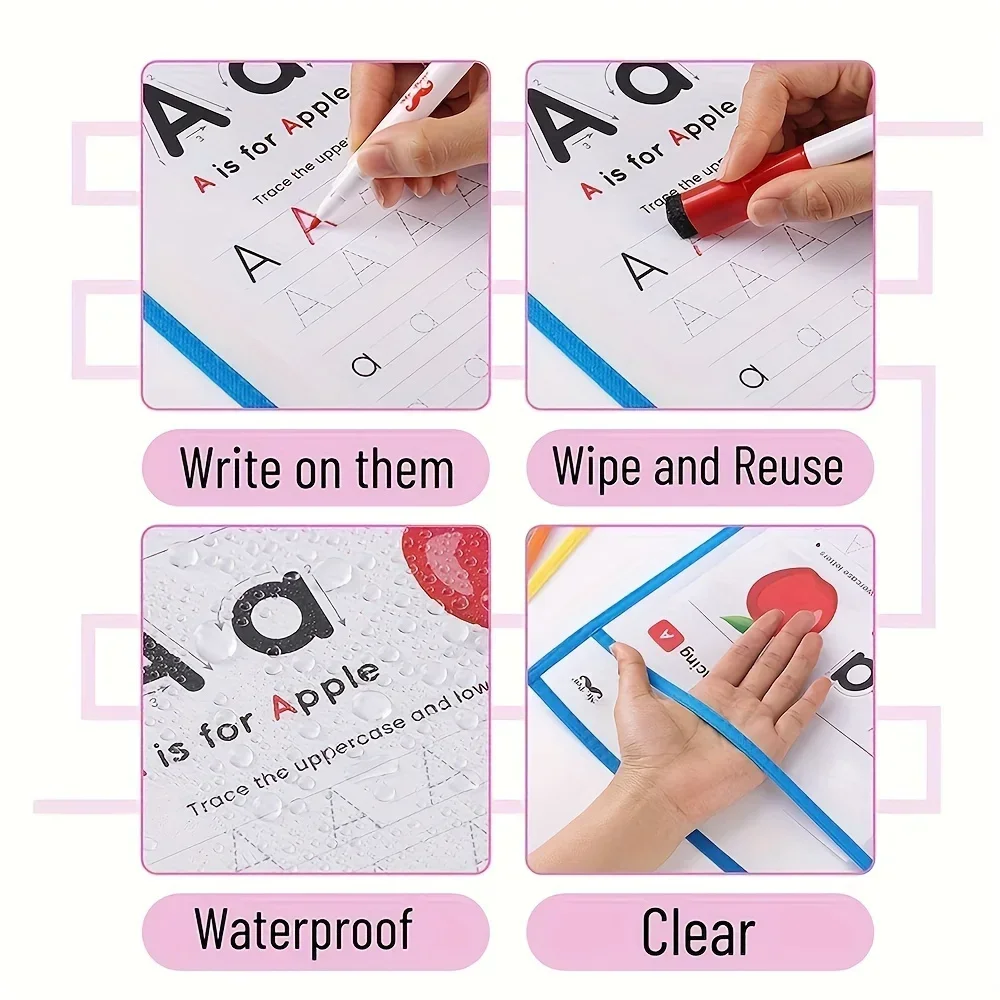 6Pcs PVC Transparent Teaching Pocket Folder Sleeves Reusable Dry Erase Pockets Sleeves Oversized Clear Stationery Storage Pouch