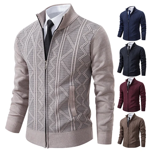 Imagen 2 del producto Chaqueta gruesa para hombre, cárdigan de punto con cuello levantado, línea de tendencia cálida, otoño e invierno