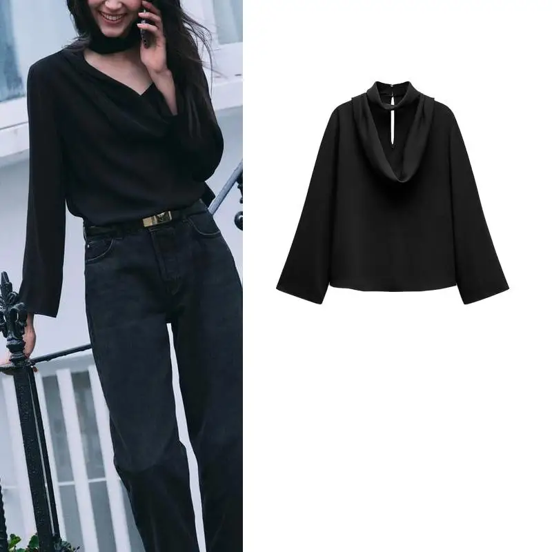 เสื้อผ้าผู้หญิงแบบใหม่สำหรับฤดูใบไม้ร่วงและฤดูหนาว แขนยาว คอตั้ง ติดกระดุมเม็ดเดียว ผ้าพลีทตกแต่ง คอวี ความยาวปกติ ผ้าโพลีเอสเตอร์