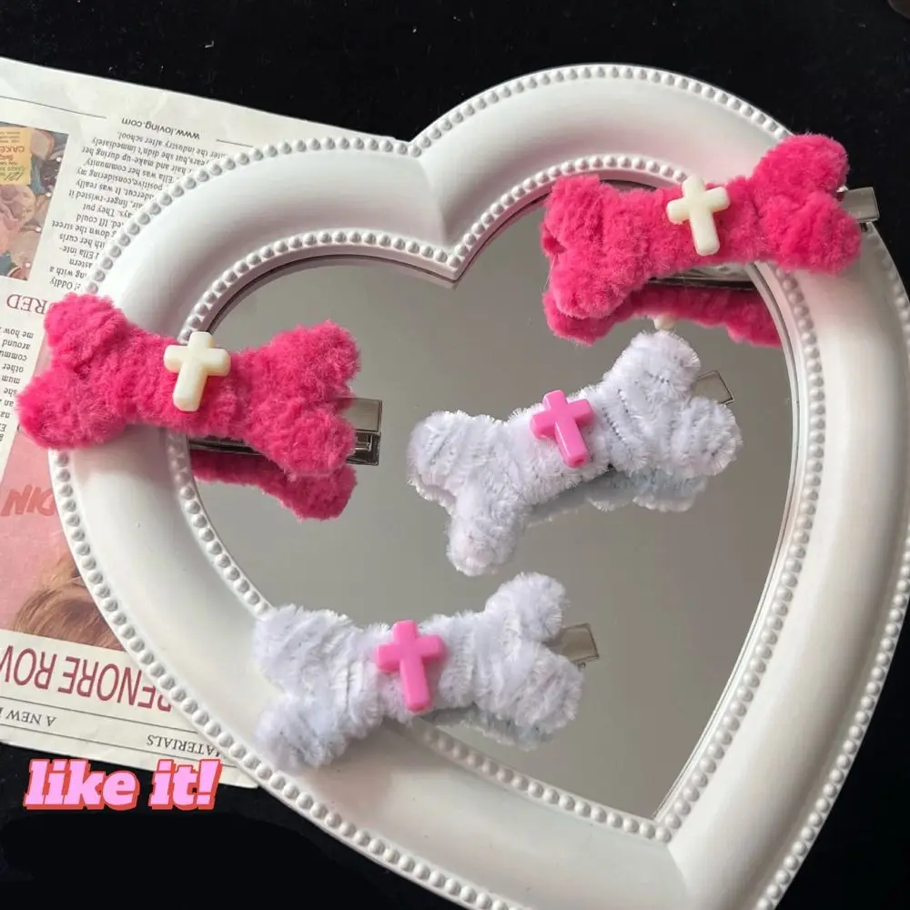 

Y2k Style Hair Clips Sweet Cross Plush Bone Hair Accessories Candy Color Side Bangs Hair Clip Children