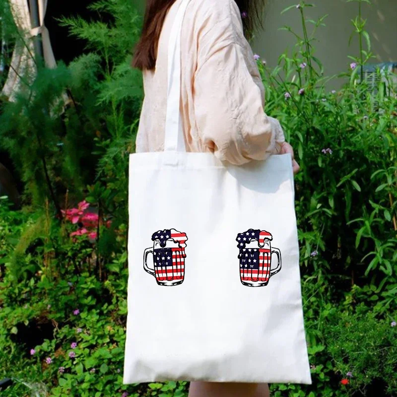 American Flag Canvas Bag Cartoon Beer Vacation Shopping Bags Reusable Independence Day Tote Bag Canvas Holiday Canvas Bag