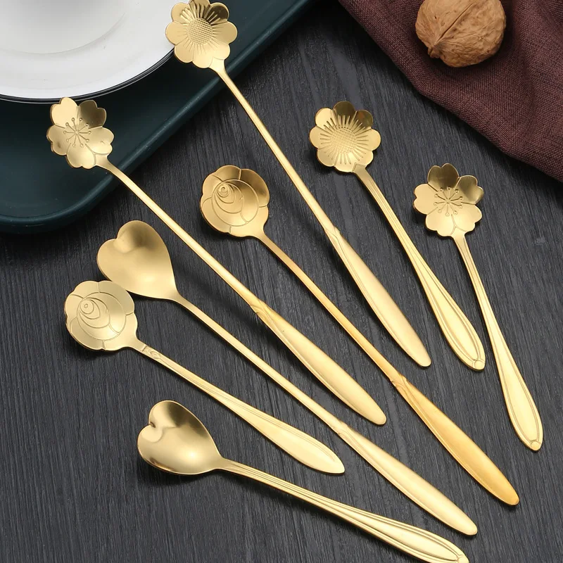 8PCS Flower Spoon Set Small Teaspoon Coffee Spoon Cute Ice Cream Dessert Spoon Silver Gold Stainless Steel Spoon For Coffee Tea