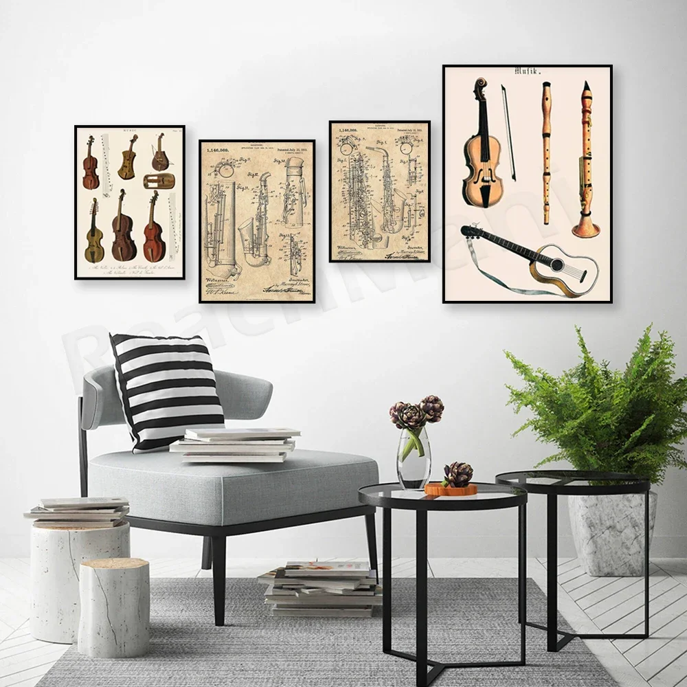 Music print, vintage violin viola cello musical instrument print, flute guitar musician, saxophone patent poster