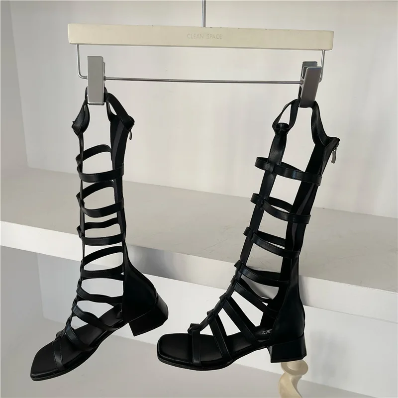 AIYKAZYSDL Rome Gladiator Sandals Mid-calf Summer Booties Cuban Thick Block Med Low Heel Strappy Cut Out Shoes Gothic Sandals