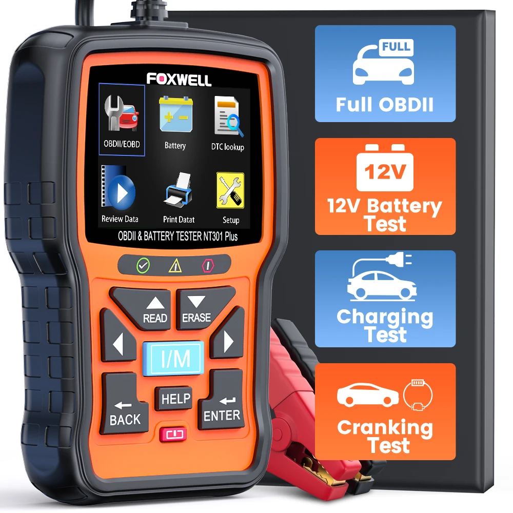 

FOXWELL NT301 Plus Сканер OBD2 для двигателя автомобиля, диагностический считыватель кодов, тестер автомобильного аккумулятора 4 в 1, проверка двигателя, бесплатное обновление