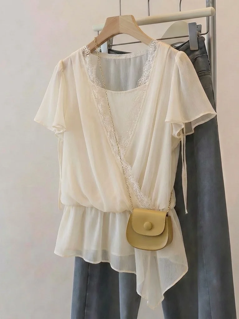 

Stylish Pleasing V-Neck Chiffon Top Women Summer New plus Size Slimming Asymmetrical Shirt Korean Style Commute Fashion