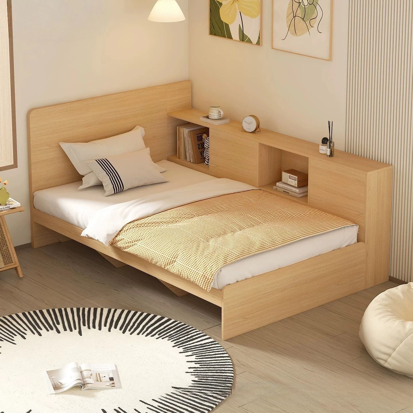 Log wind double partition tatami storage bed middle partition bookshelf two-child room one-piece box bed