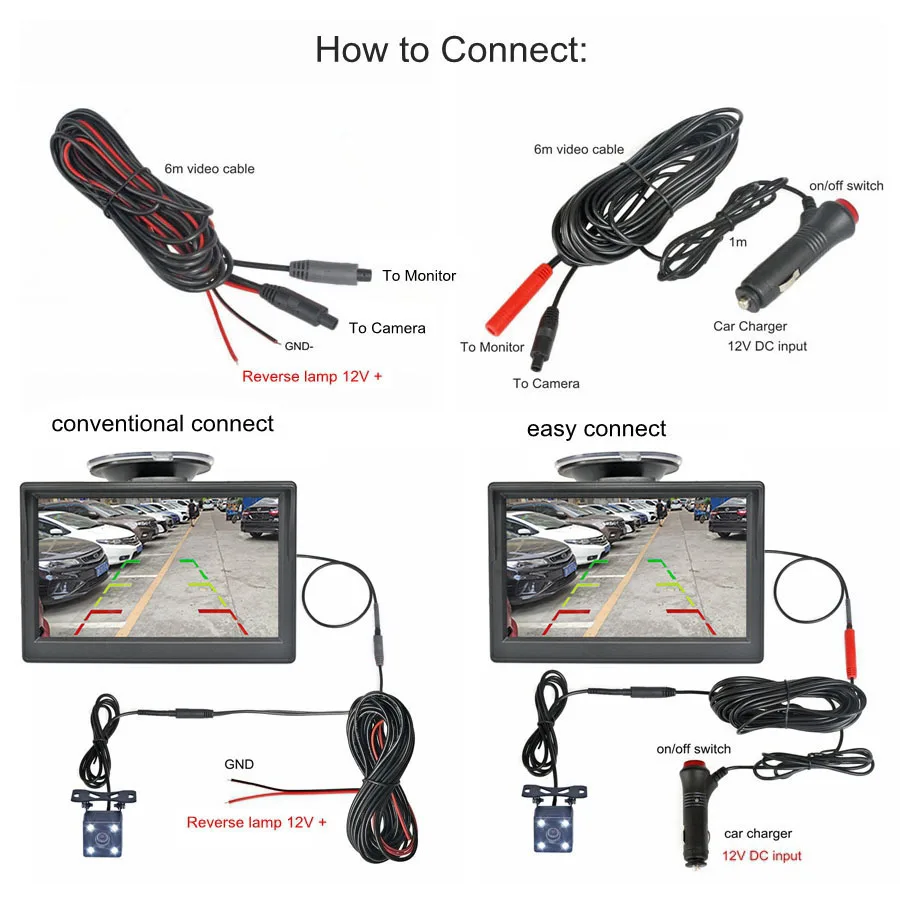 DIYKIT 5inch TFT LCD Screen Car Monitor Vehicle Rear View Reverse Backup Car LED Camera Video Parking System Easy Installation
