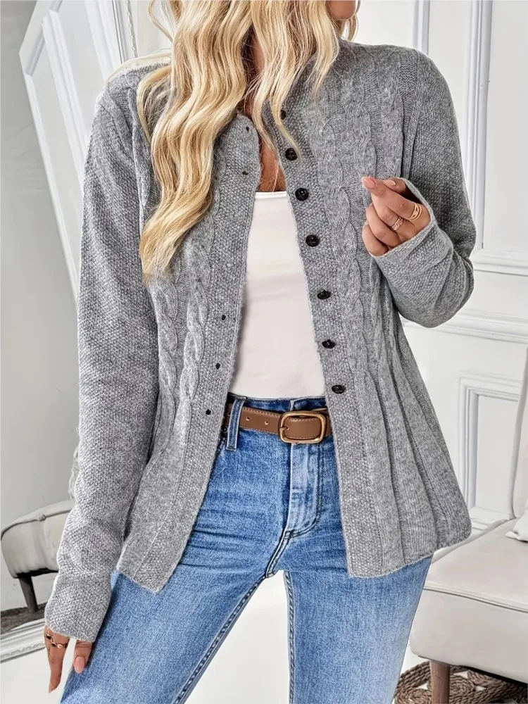 

New Autumn Winter Casual Women Button Up Long Sleeve Cable Knit Cardigan, Chic Soft Warm Sweater Outerwear Coat, Women Clothing
