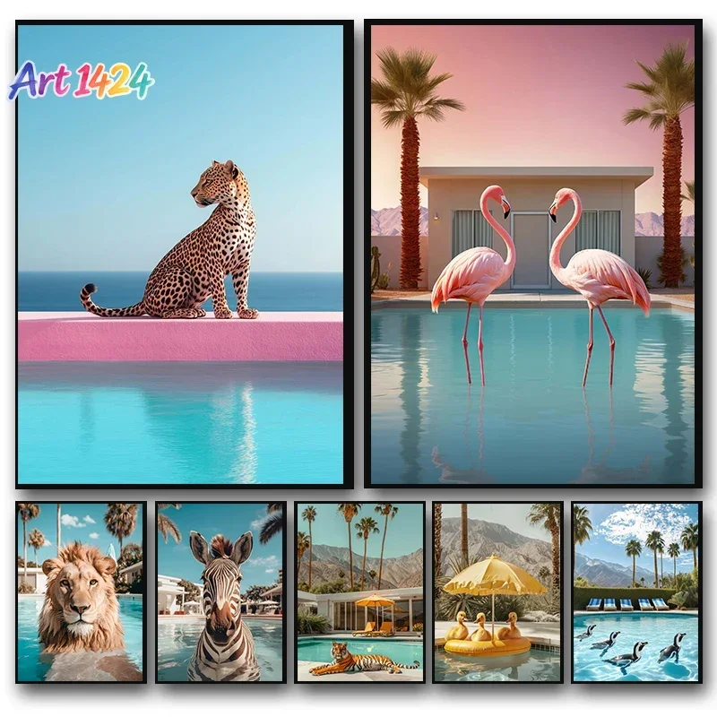 1pc frameless canvas Leopard Penguins Zebra Flamingo Lion Pig in The Swimming Pool Poster Print Wall Art Picture  Room Home
