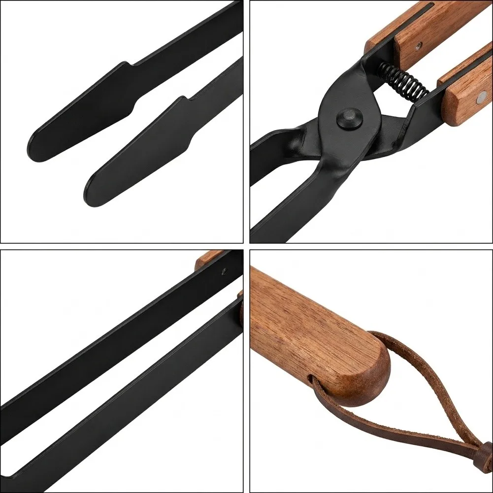 Fire for tongs for Wood Burning Fireplace and Outdoor Fire with Heat Resistant Oak Handle and Spring Loaded Mechanism