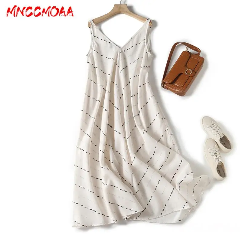 MNCCMOAA-Sleeveless Printed Dress for Women, Casual Loose Sling Dresses, V-Neck, Sexy Female Fashion, Spring and Summer, 2024