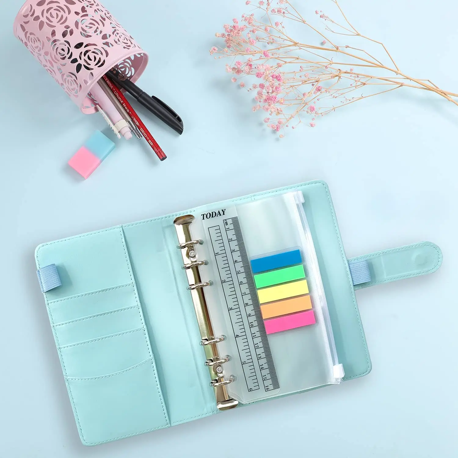 A6 PU Budget Binder Cash Envelopes System Planner Organizer for Budgeting with 10pcs Binder Zipper Cash Envelopes, Labels, Ruler