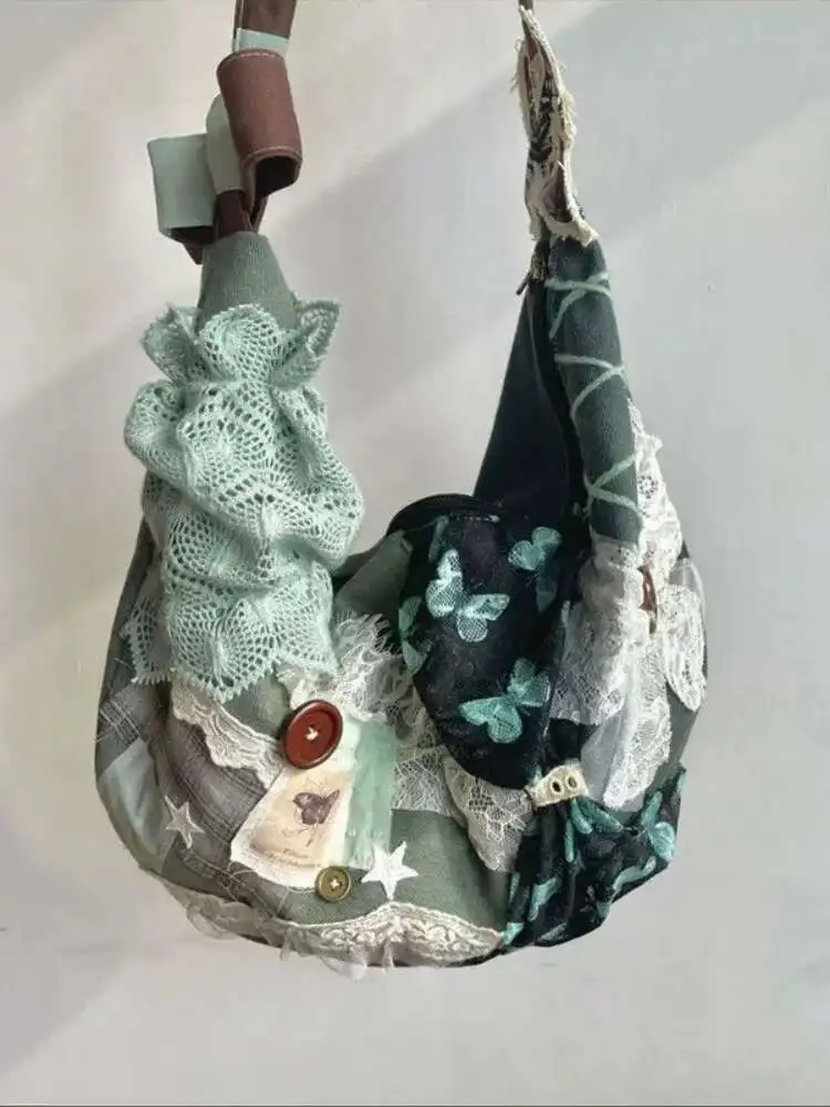 Sweet Lace Butterfly Patchwork Vintage Button Tote กระเป๋านักเรียนกระเป๋าสะพายนักเรียนวัยรุ่นของขวัญ B1978 hit