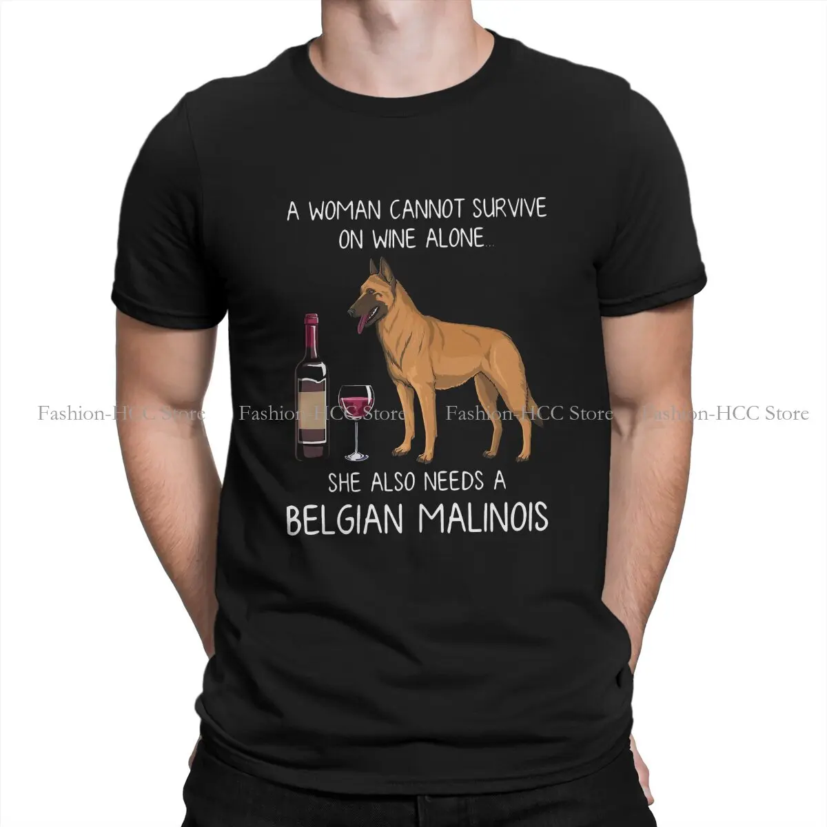 

Belgian Dog Polyester TShirts Malinois And Wine Funny Print Men's T Shirt Hipster Tops