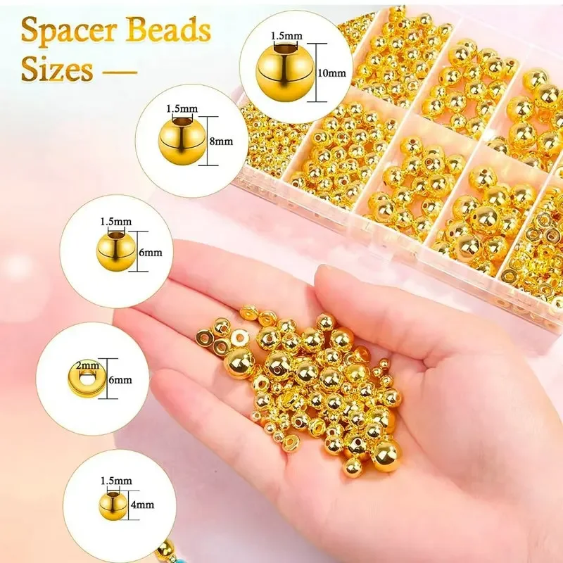 1000pcs Golden Spacer Beads Kit CCB Ball Round Smooth Loose Beads Kit For Bracelets Making Craft DIY Jewelry Making Supplies
