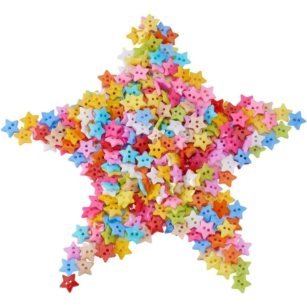 1000 Pcs Acrylic Buttons, 2-Hole, Dyed, Star, Mixed Color, 12x2mm, Hole: 1mm