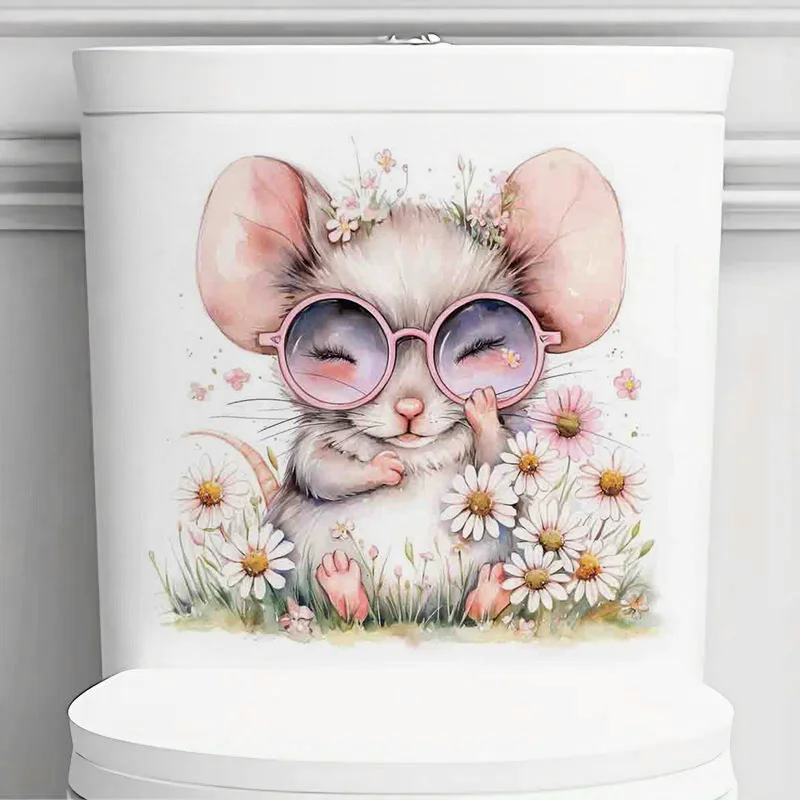 

90622#Cute Mouse with Flowers Toilet Stickers, Bright Wall for Home, Cabinet, Door,Refrigerator Decoration, Vinyl Car Decals