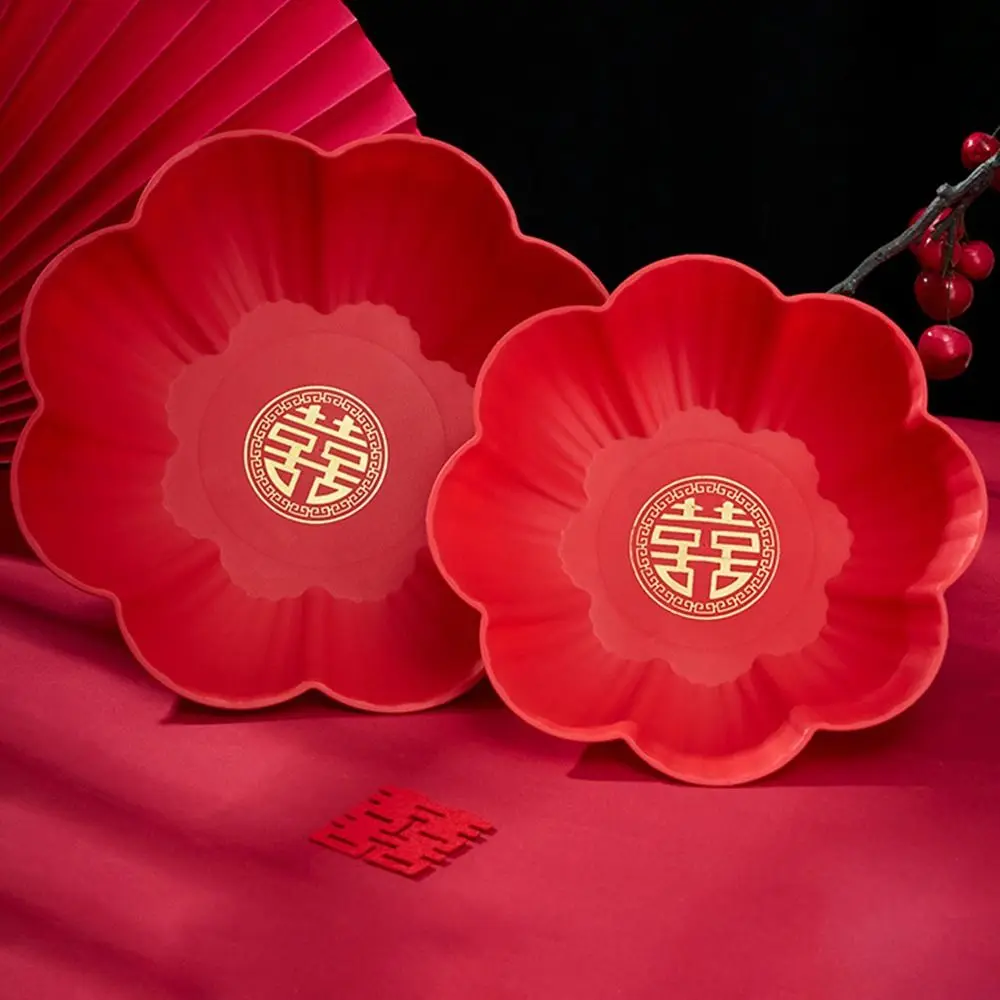 1Pcs Durable Snack Fruit Toast Red Tray Wedding Banquet Festive Supplies Xi Tray Plastic Decorative Chinese Traditional Plate