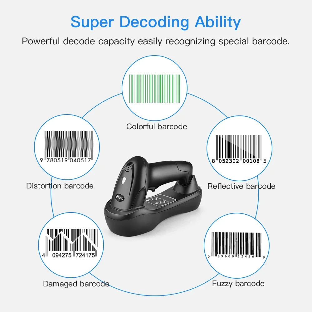 Eyoyo EY-6900D 1D Déterminer Lecteur de codes-barres sans fil Récepteur de berceau USB Base de charge Scanner de codes-barres Balayage portable