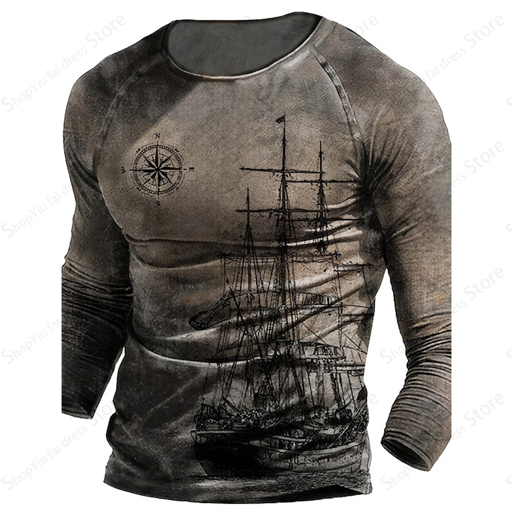 Compass Sailing Boat Print Vintage Men's Long Sleeve T-shirt 3D Graphic T Shirts Men Fashion Tees Outdoor Sports Fitness Tops 