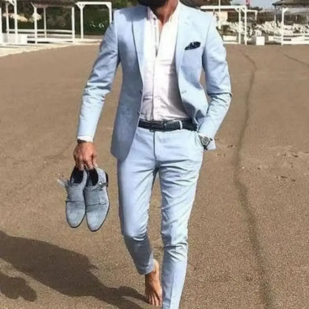 

Latest Sky Blue Men Prom Suits Slim Fit Notched Lapel Bridegroom Beach Wedding Tuxedos Formal Blazer Sets 2 Piece (Jacket+Pants)