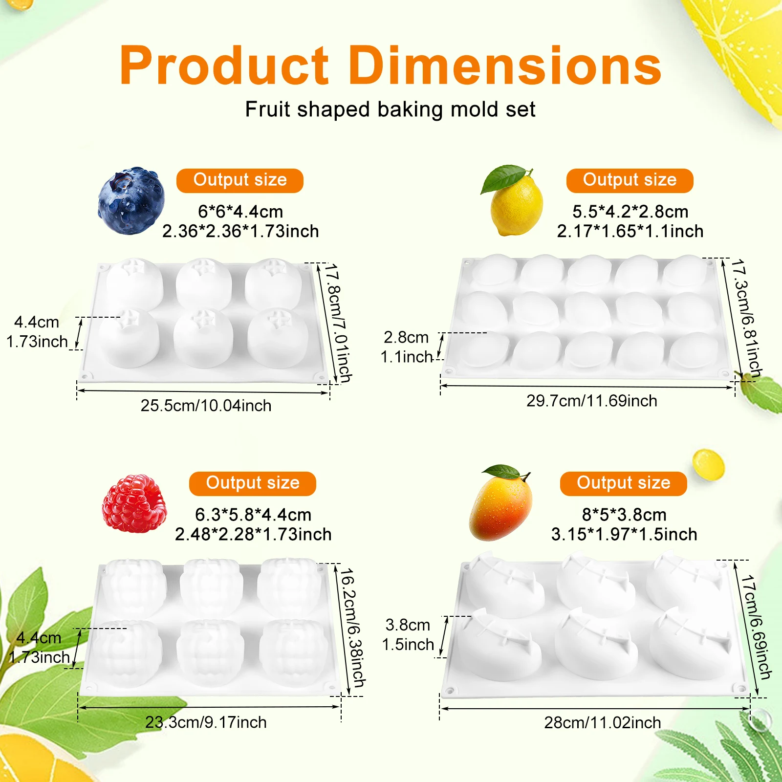4/3Pcs Silicone Baking Molds 3D Fruit Shape 6/15 Cavity Non Stick Mousse Cake Molds Blueberry Raspberry Mango Lemon Cake Mold