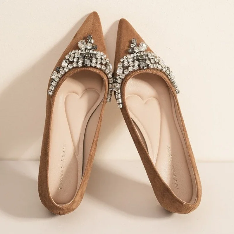 Замшевая женская обувь с острым носком и бриллиантами, удобная осенне-зимняя обувь на мелком каблуке, женские модные туфли-лодочки на низком каблуке, элегантная офисная обувь