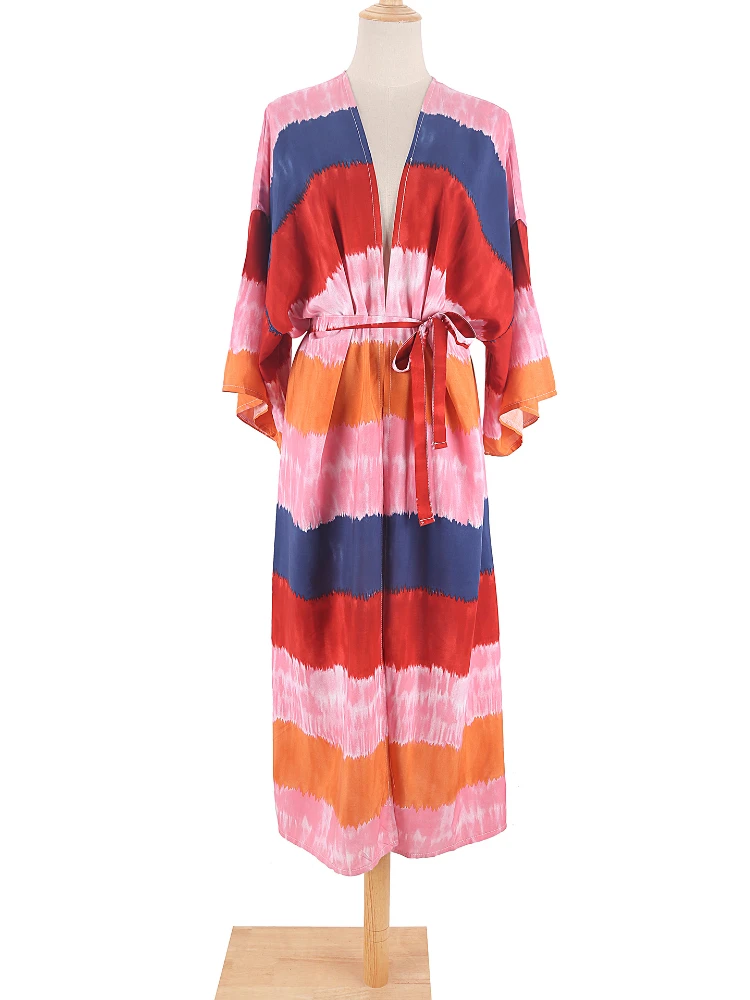 Strand Kimono Vrouwen Jurk Rainbow Gestreepte Tie Dye Badpak Cover Up Self Belted Summer Holiday Beachwear Badpakken