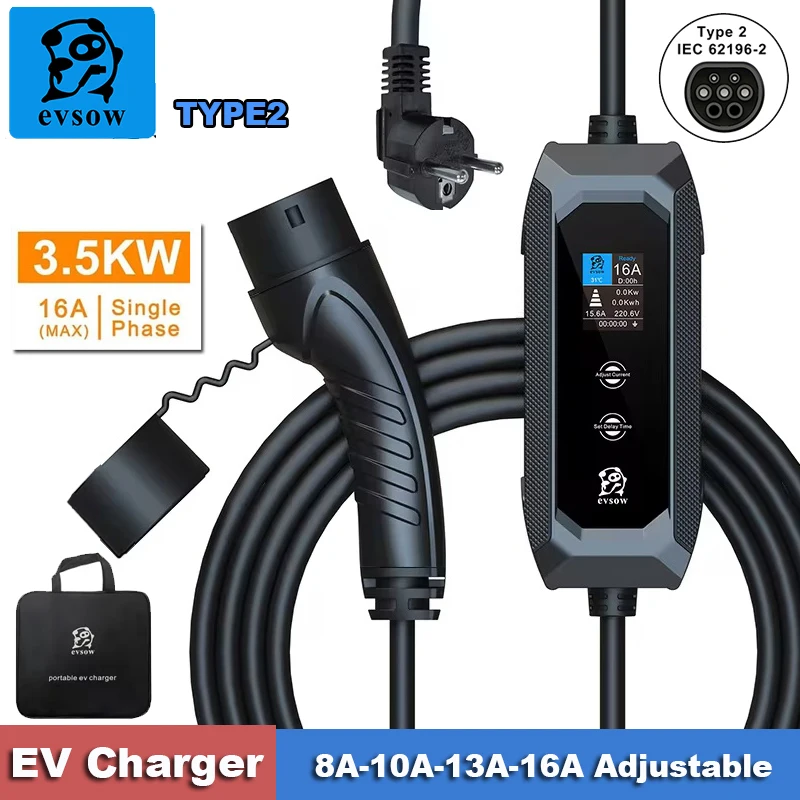 evsow Portable EV Charger Type 2 16A 3.5KW Wallbox Charging Station for Electric Vehicle 1Phase Electric Car Charger With 5M