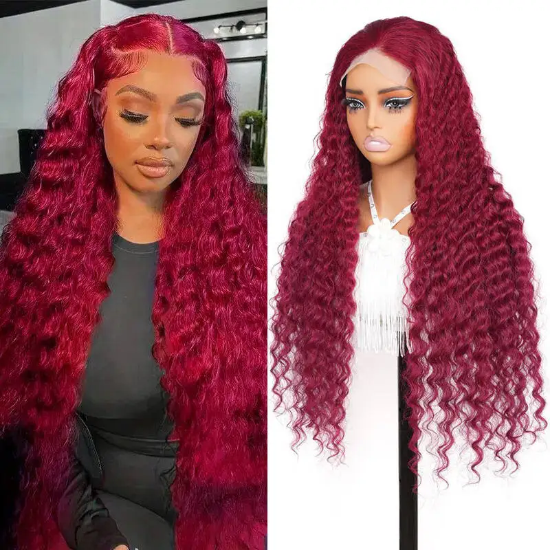 30 Inch Burgundy Wig Human Hair 99j Burgundy 5x5 Deep Wave Lace Front Wigs Pre Plucked HD Transparent Peruvian Unprocessed Wig
