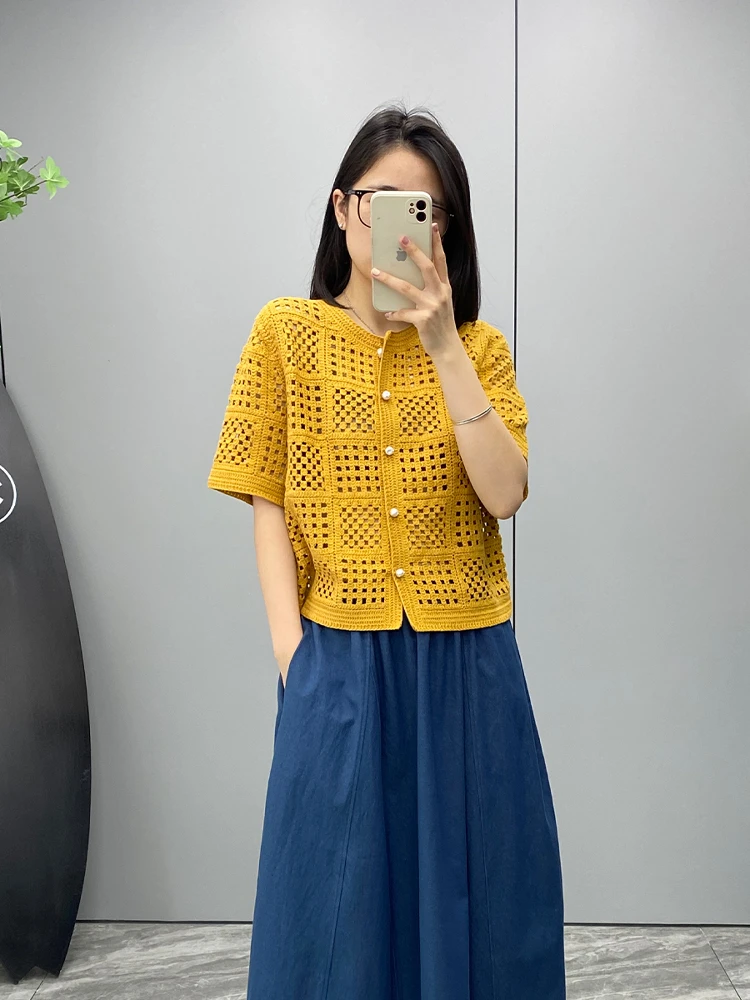 

Мягкий хлопковый вязаный кардиган с коротким рукавом, модный, с вырезами, на пуговицах, свободного кроя, для повседневной носки, летний.