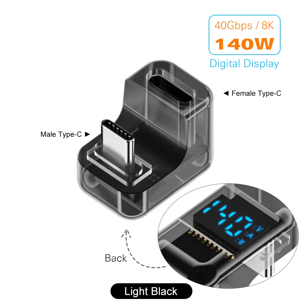 90-Grad-USB-C-Adapter, rechtwinkliger U-förmiger USB4-Typ-C-Adapter, 40 Gbit/s, mit LED-Anzeige, PD 140 W, 8K-Extender für Thunderbolt 3/4