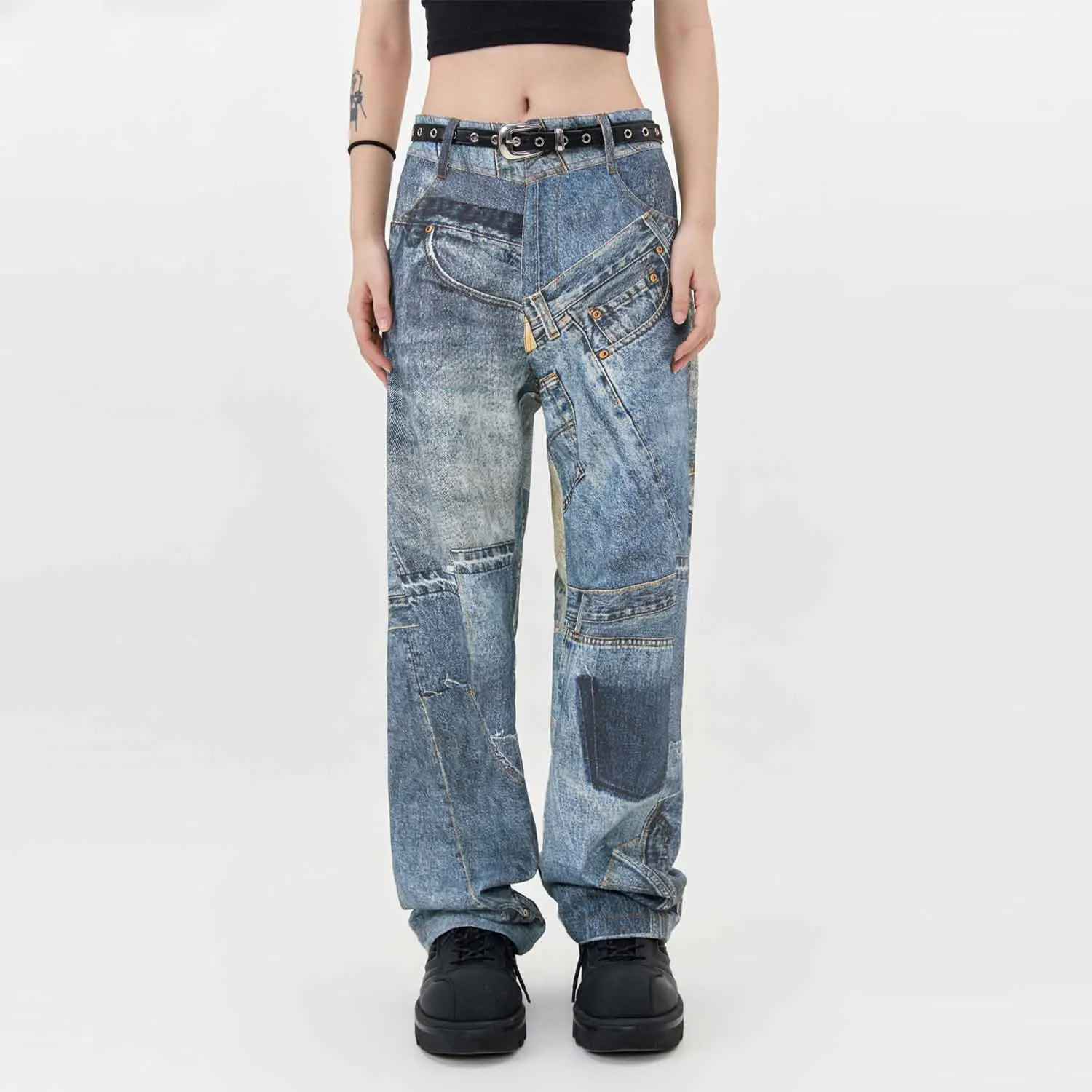 

Irregular Patchwork Hi Street Jeans Pants Harakuju Streetwear Vintage Denim Trousers For Male Printed