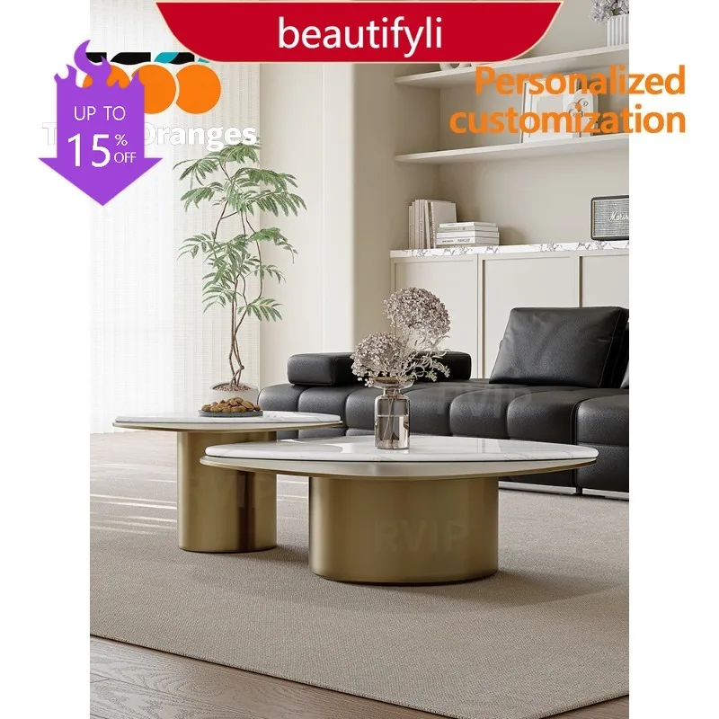 9344 Italian light luxury marble coffee table stainless steel living room high-end household side table combination