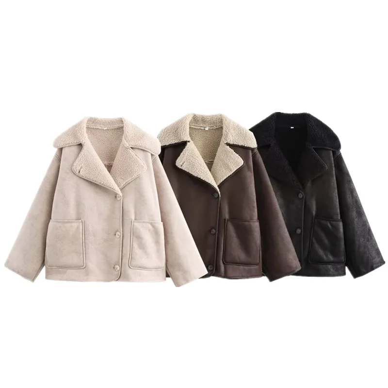 

Double-Sided Flip Collar Long Sve Jaet Outerwear New Autumn Winter Women's Faion Design Loose Fit Versatile Sle 00%...