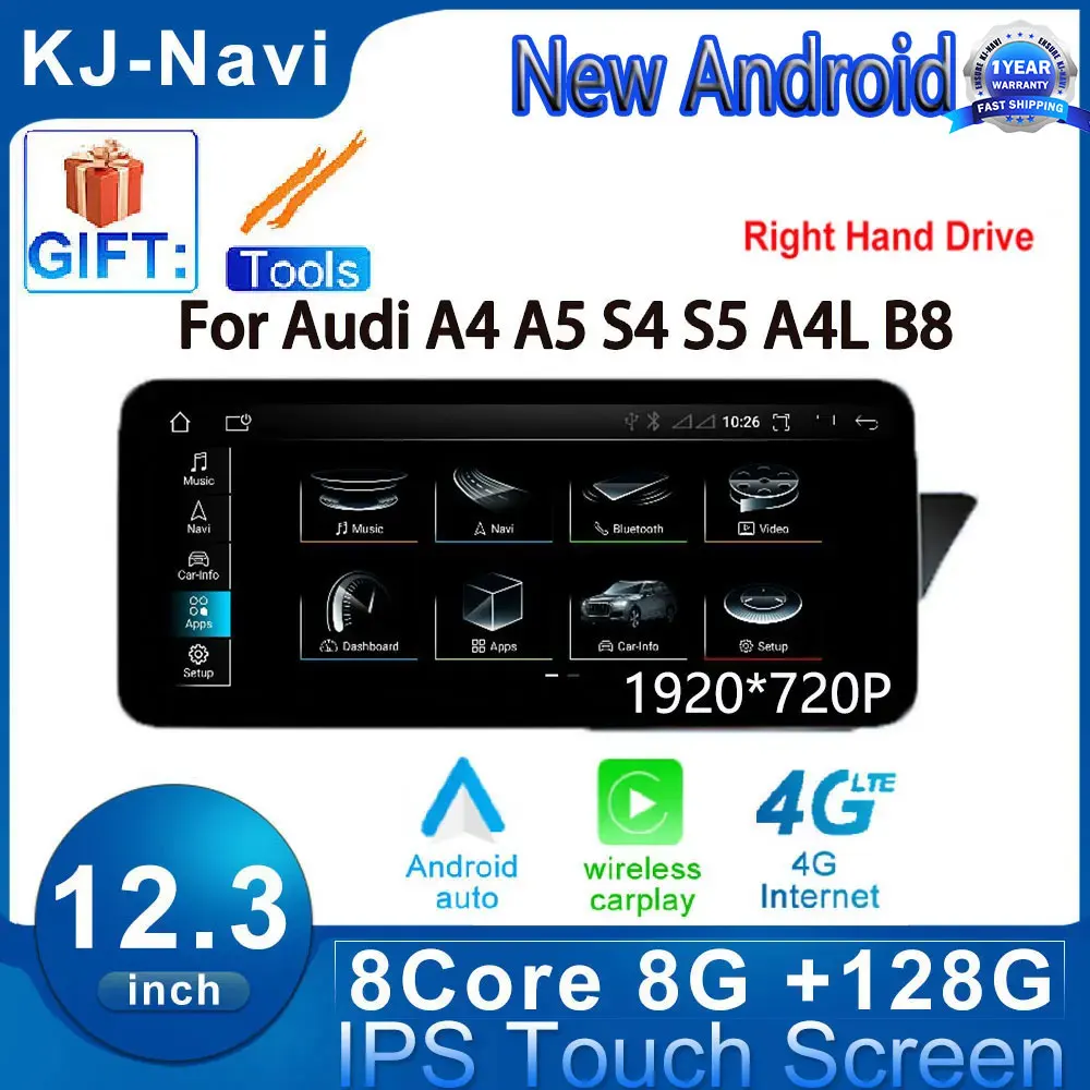 

12.3" For Audi A4 A5 S4 S5 A4L B8 2009 - 2016 RHD Headunit Android 14 Car Player Monitors Multimedia Radio Stereo Navigation