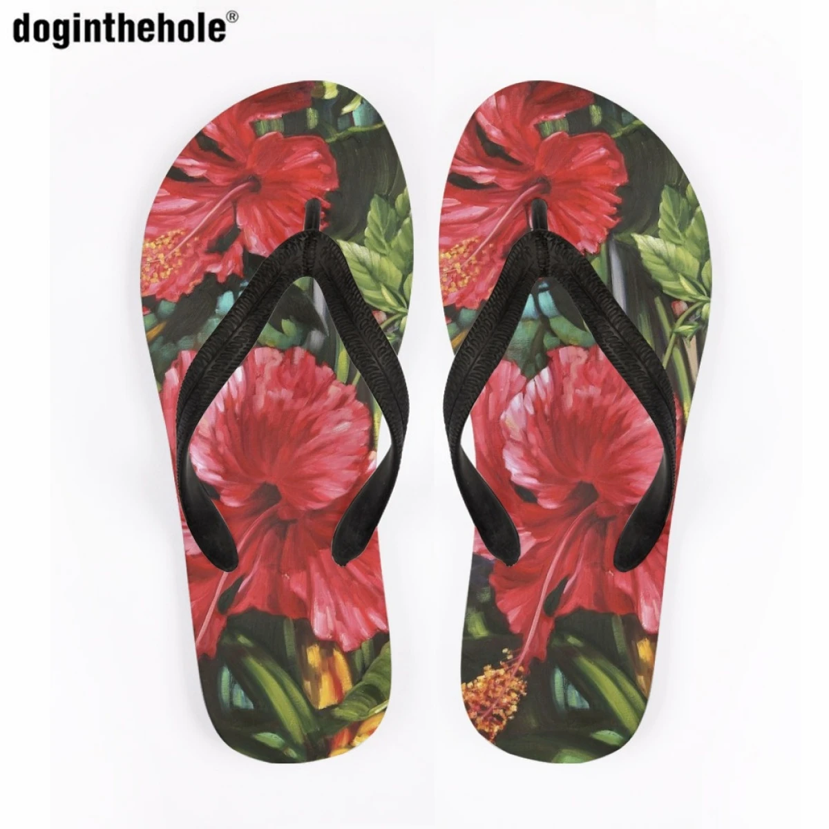 

Doginthehole Summer Slippers for Women Men Outdoor Beach Wading Sandals Hawaiian Style Hibiscus Flower Home Anti-slip Flip Flops