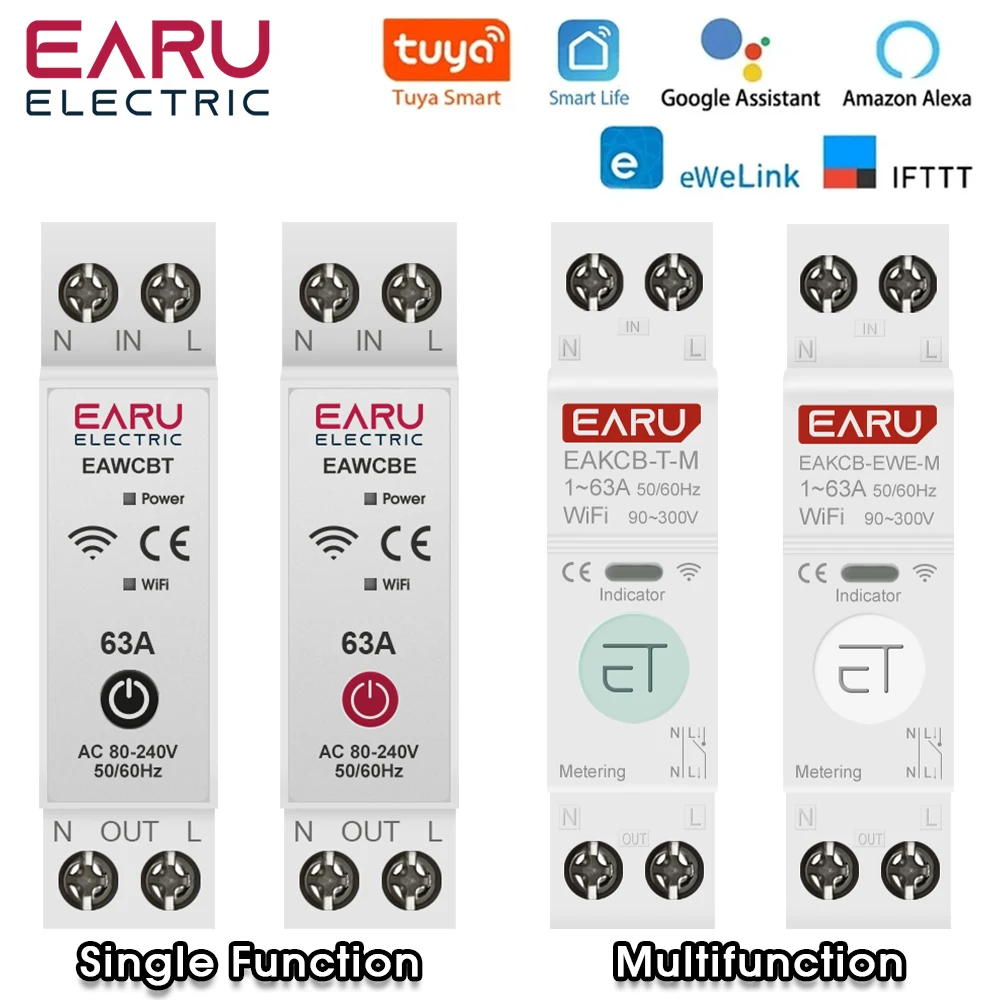 Tuya eWeLink WiFi Smart Circuit Breaker MCB 1P+N 63A Time Relay Switch Energy Meter Kwh Voltage Current Protector Remote Control