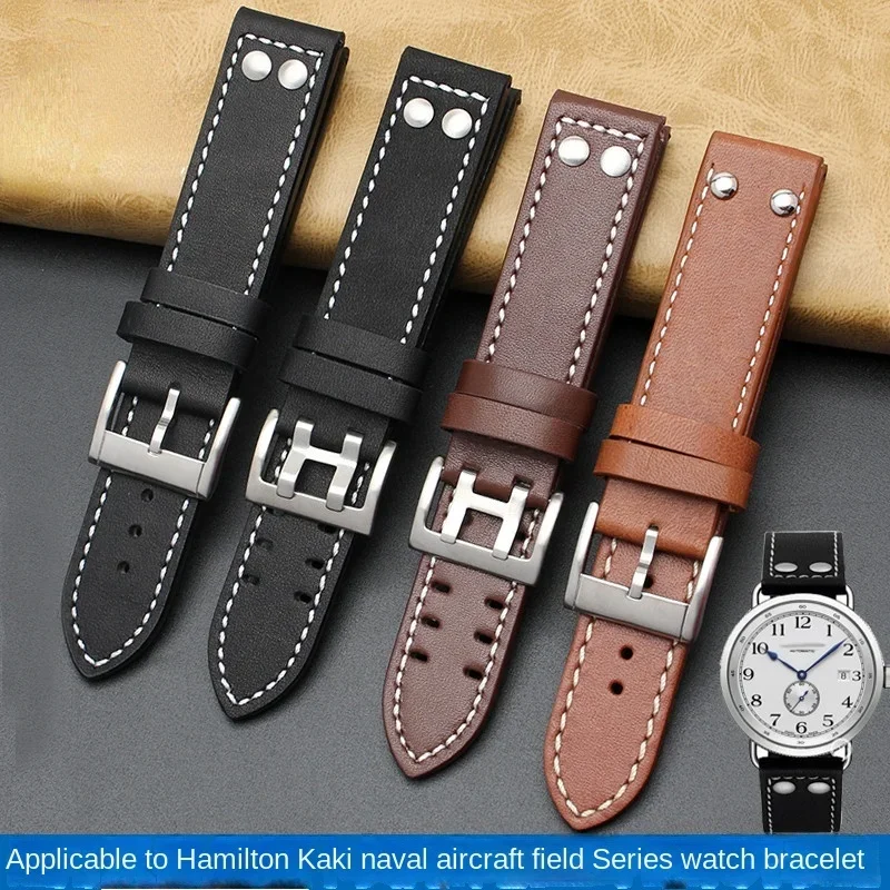 Genuine Leather Watch Strap for Hamilton Khaki Naval Aircraft Field Waterproof Sweat-Proof Soft Comfortable Watchband 20 22mm