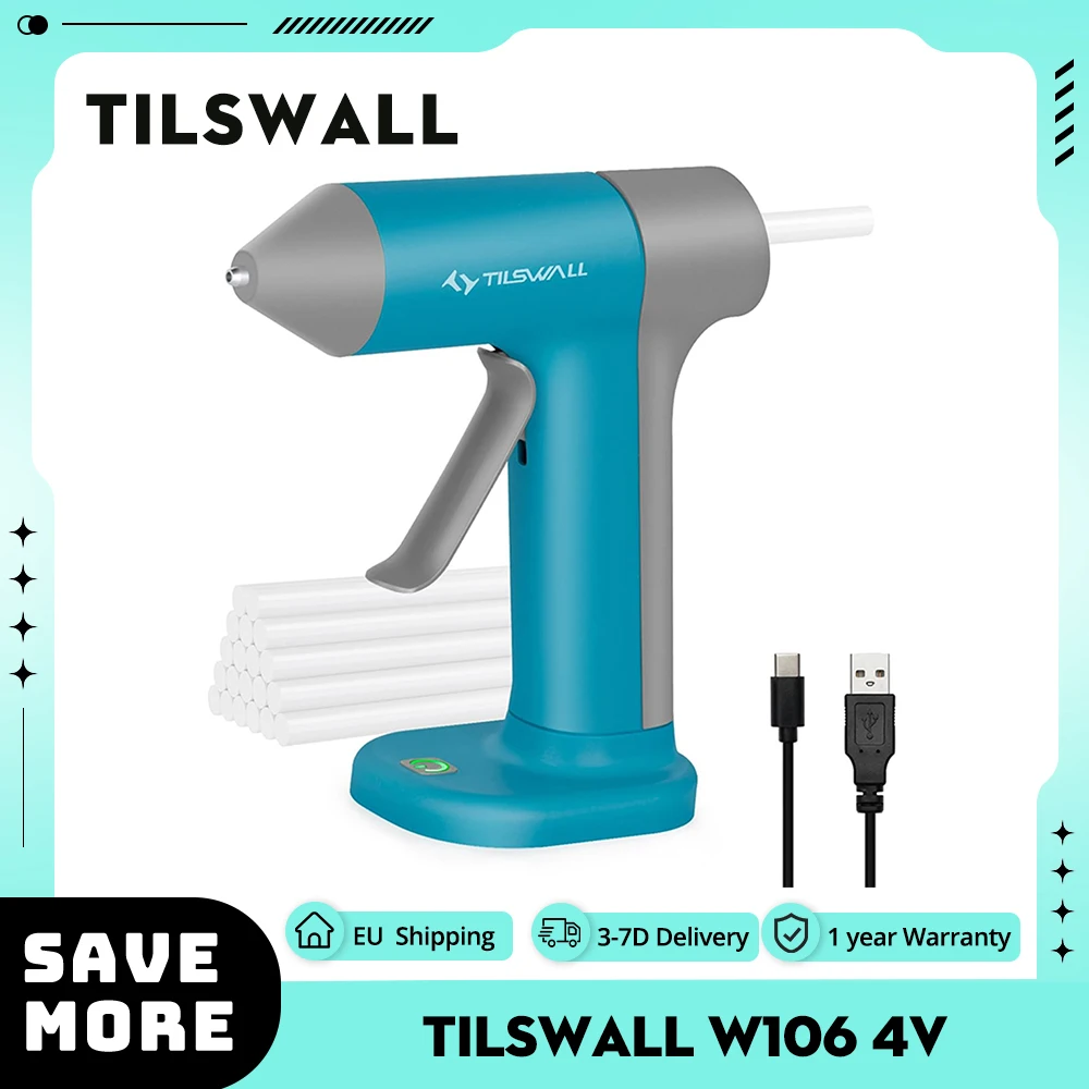 Tilswall W106 4V Cordless Hot Glue Gun 30s Fast Preheating with 20pcs 7*140mm Glue Sticks (0.28*5.51“) Anti-drip Nozzle 2000mAh