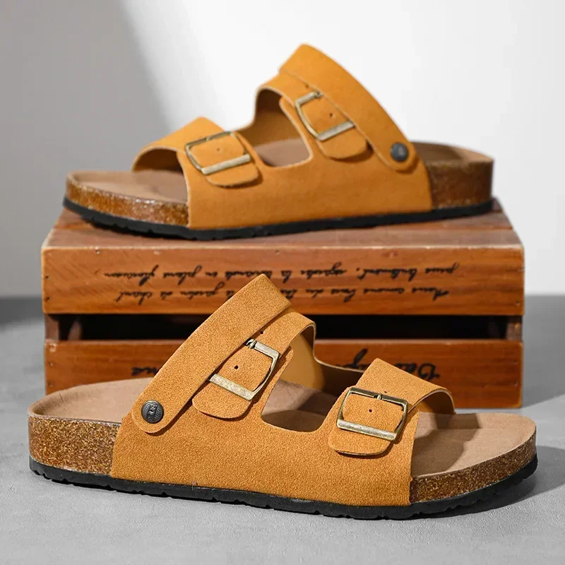 

2025 новые мужские повседневные однотонные сандалии без шнуровки из смешанного материала с застежкой в винтажном стиле, износостойкие сандалии на плоской подошве для прогулок на открытом воздухе