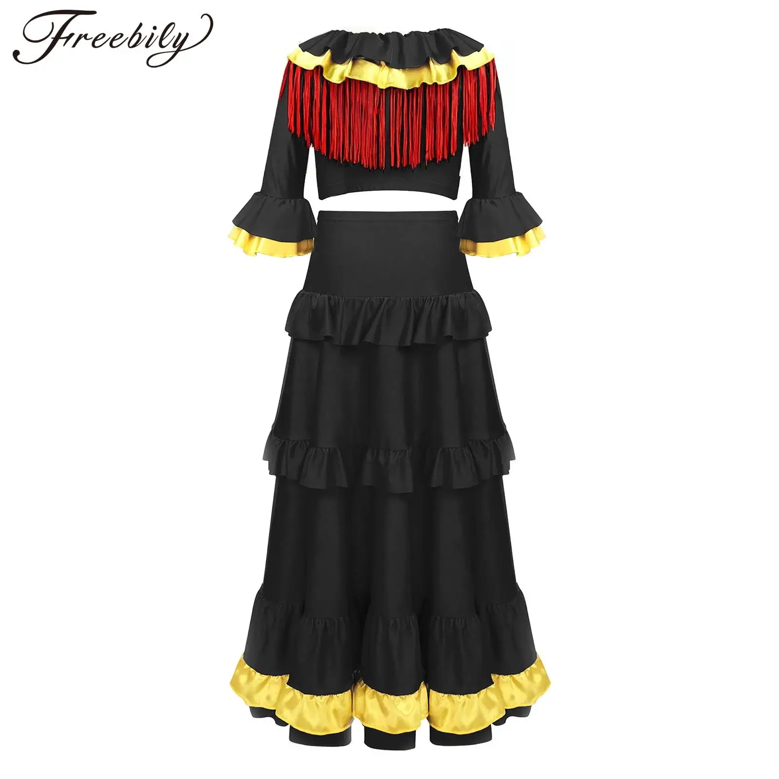 

Girls Flamenco Costume Kids Folkloric Flamenco Spanish Bull Dance Outfits Spain Mexican Ballroom Dress Ruffles Skirt Suits