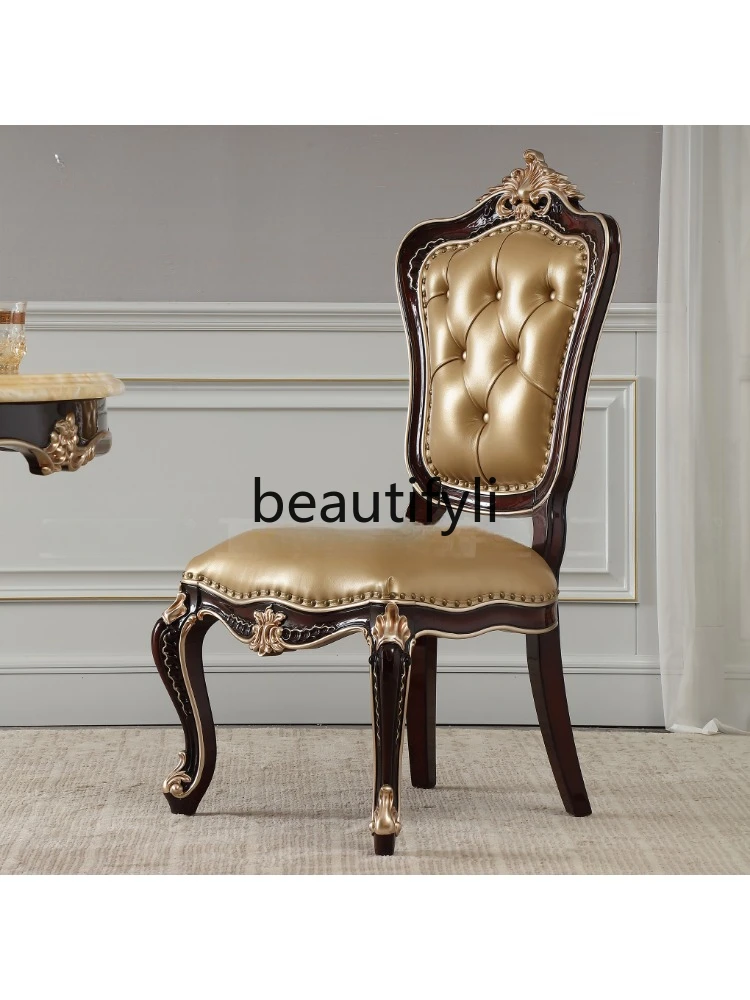 French neoclassical dining chair European solid wood carving flower old beech dining chair