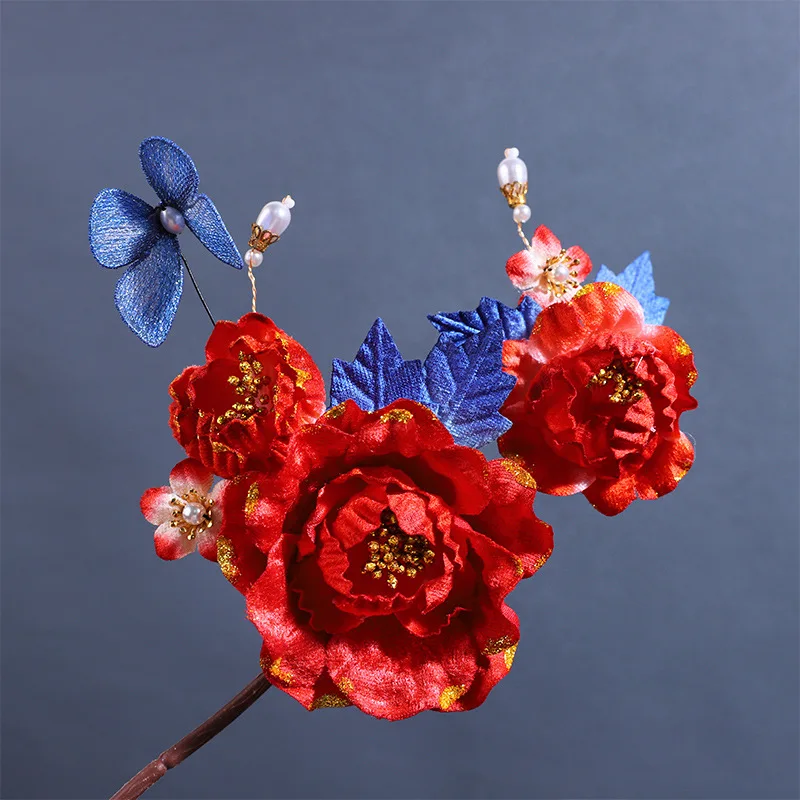 Bracelet Hand String Handmade Fabric Red Peony Hair Accessories Blue Butterfly Embellished Hairpin Xiuhe Clothing Antique Photo